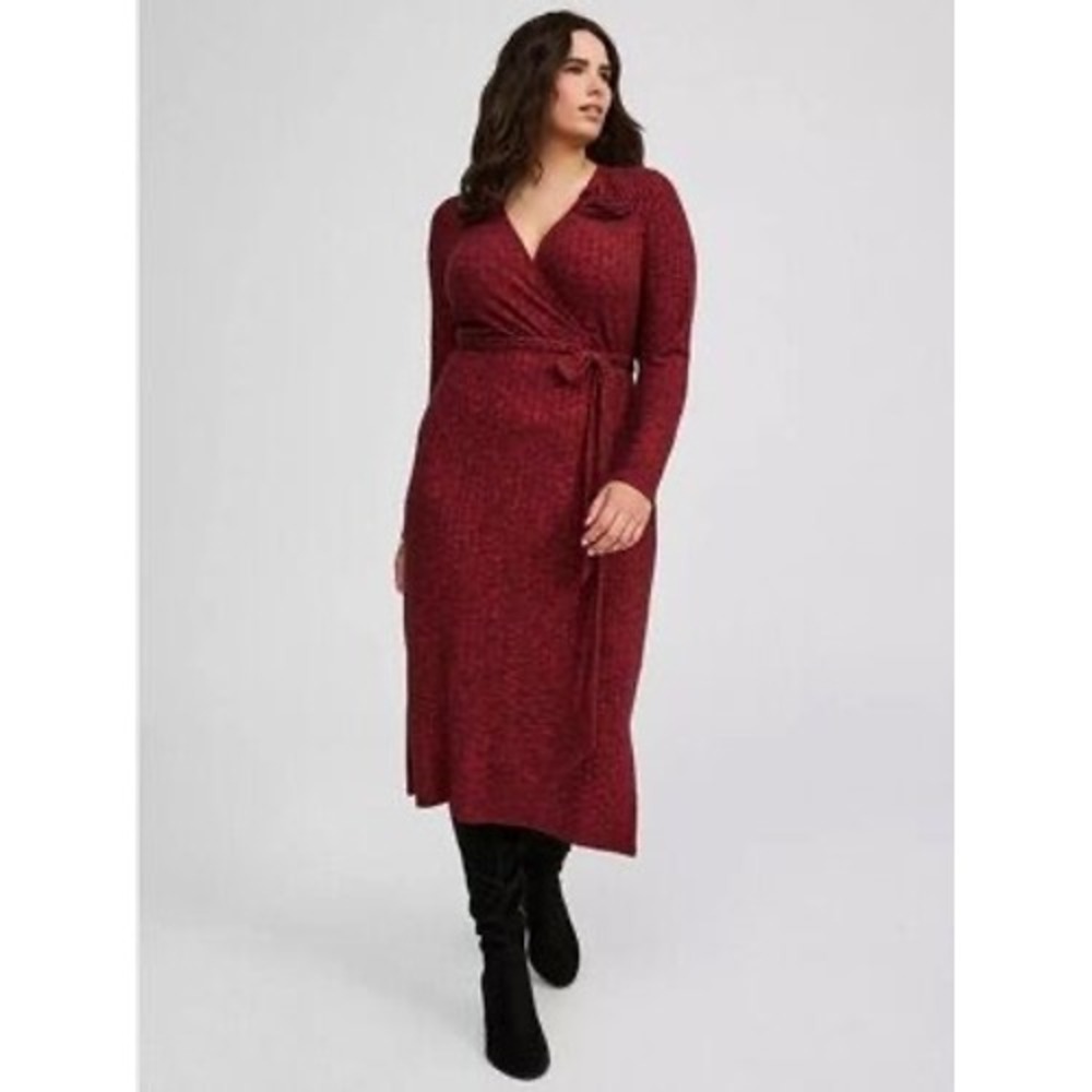 Torrid Burgundy Space Dye Rib Knit Rosette Wrap Midi Dress Plus Size 2 2X